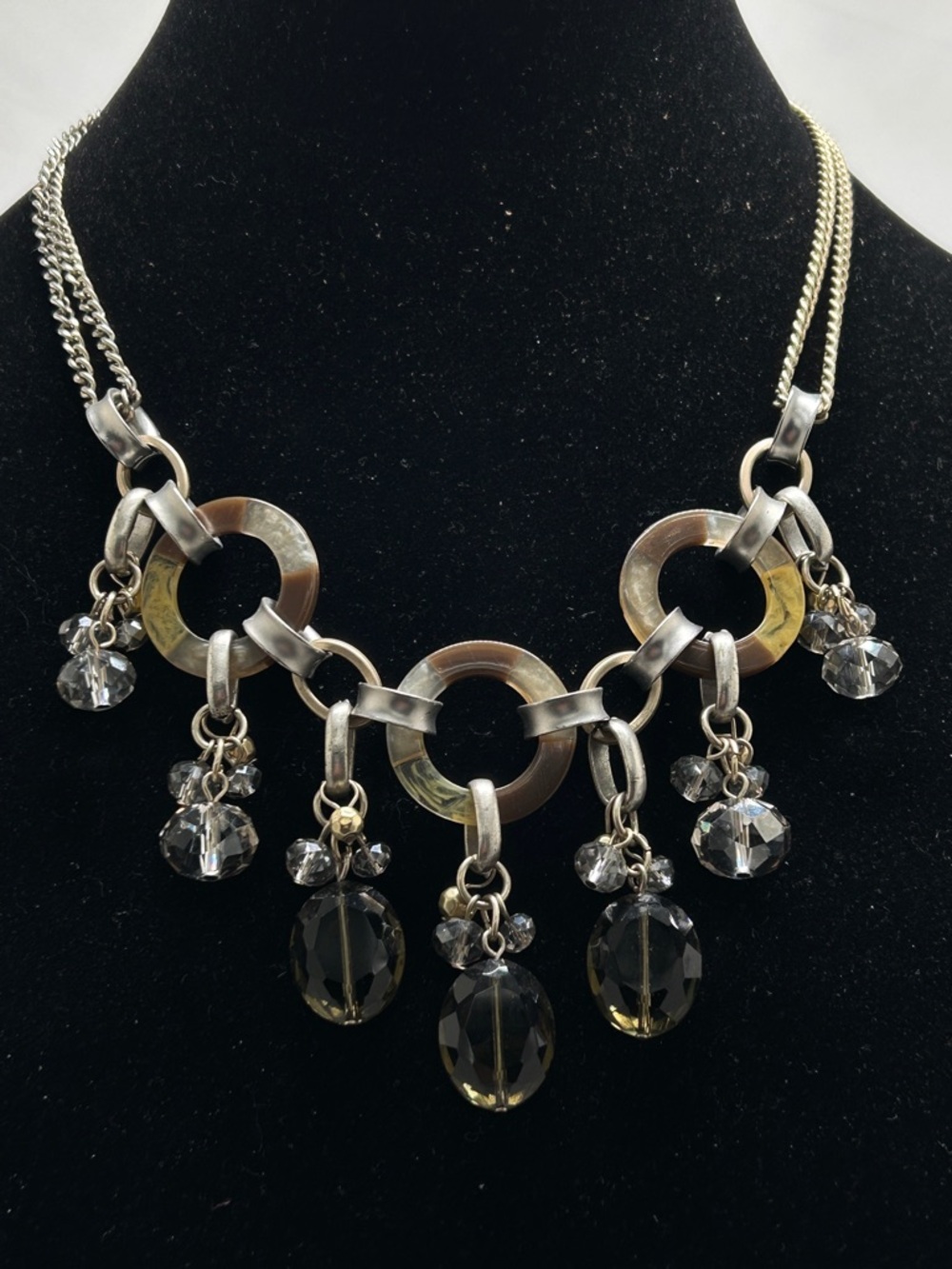 Ann Taylor Loft, Gold And Gray Crystal Necklace With Lucite Rings, Neutral